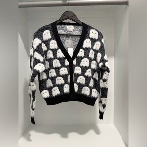 NEW Luna Ivy Fuzzy black and white ghost cardigan Small Halloween cropped fit